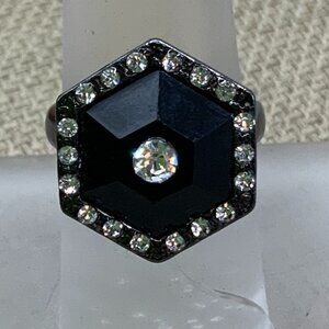 Hexagon Shaped Pewter Band Black Rhinestone Art Deco Ring